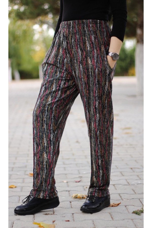 Büyük Beden Desenli Pamuk Süet Cepli Beli Lastikli Pantolon Fuşya Şelale Büyük Beden Desenli Pamuk Süet Cepli Beli Lastikli Pantolon Fuşya Şelale