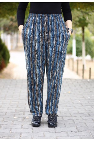 Büyük Beden Desenli Pamuk Süet Cepli Beli Lastikli Pantolon  Mavi Şelale
