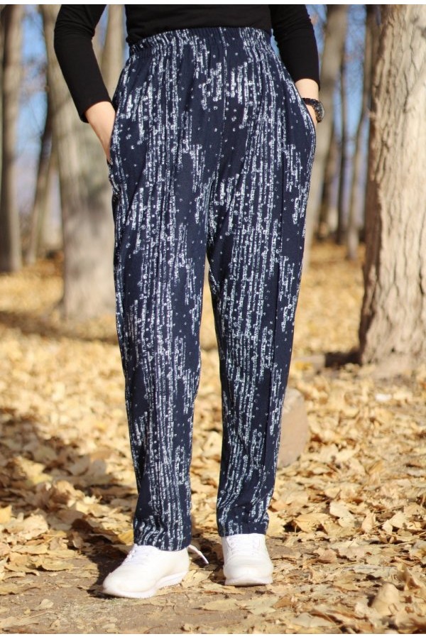 Büyük Beden Desenli Pamuk Süet Cepli Beli Lastikli Pantolon  Lacivert Matriks