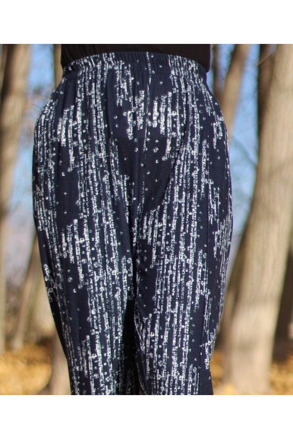 Büyük Beden Desenli Pamuk Süet Cepli Beli Lastikli Pantolon  Lacivert Matriks