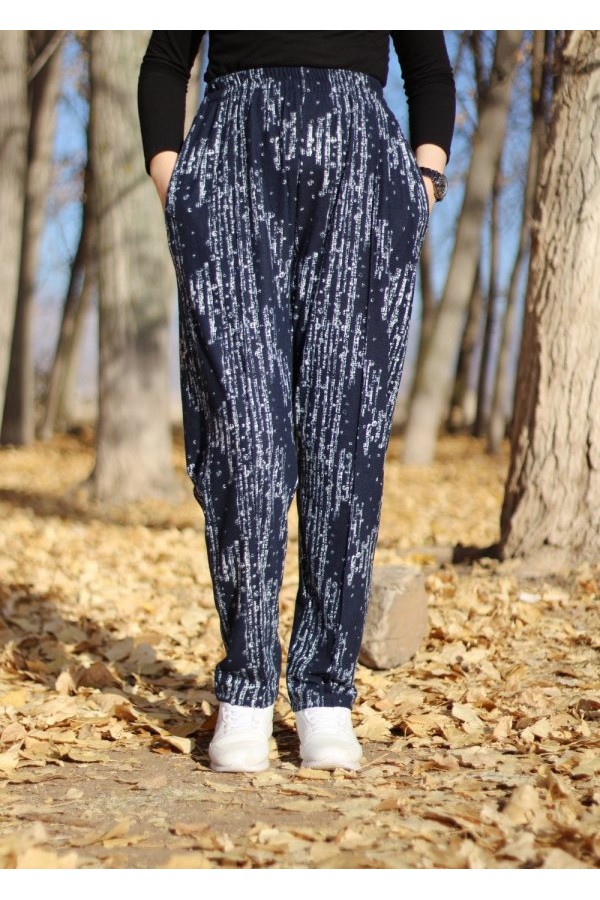 Büyük Beden Desenli Pamuk Süet Cepli Beli Lastikli Pantolon  Lacivert Matriks