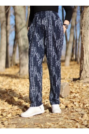 Büyük Beden Desenli Pamuk Süet Cepli Beli Lastikli Pantolon Lacivert Matriks Büyük Beden Desenli Pamuk Süet Cepli Beli Lastikli Pantolon Lacivert Matriks