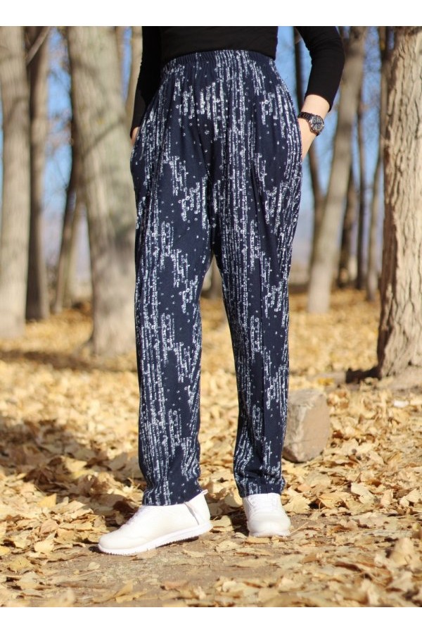 Büyük Beden Desenli Pamuk Süet Cepli Beli Lastikli Pantolon  Lacivert Matriks