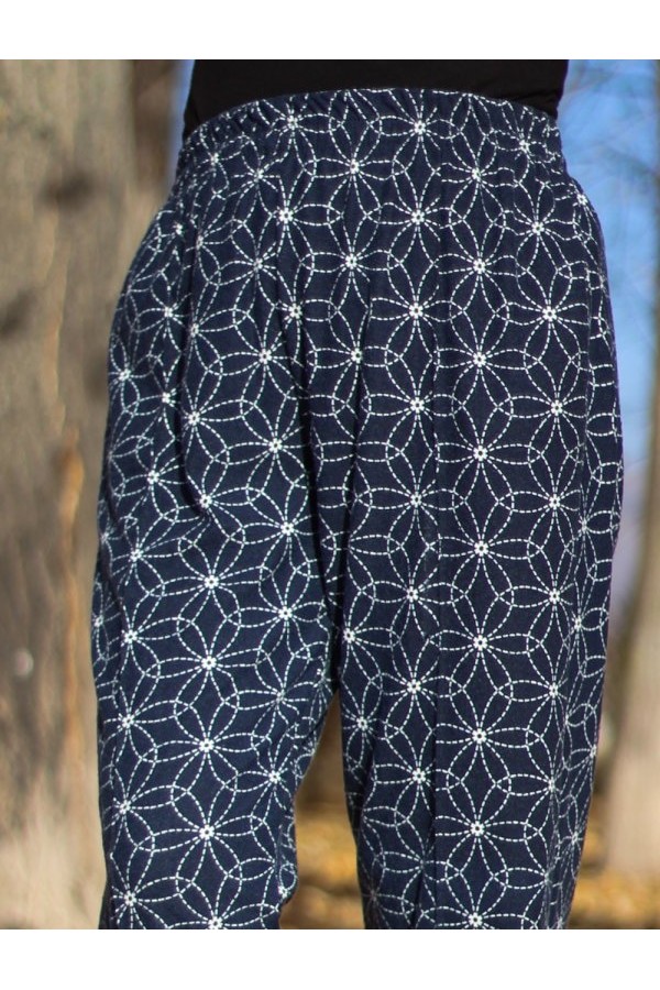 Büyük Beden Desenli Pamuk Süet Cepli Beli Lastikli Pantolon  Lacivert Papatya