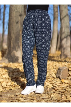 Büyük Beden Desenli Pamuk Süet Cepli Beli Lastikli Pantolon Lacivert Papatya Büyük Beden Desenli Pamuk Süet Cepli Beli Lastikli Pantolon Lacivert Papatya