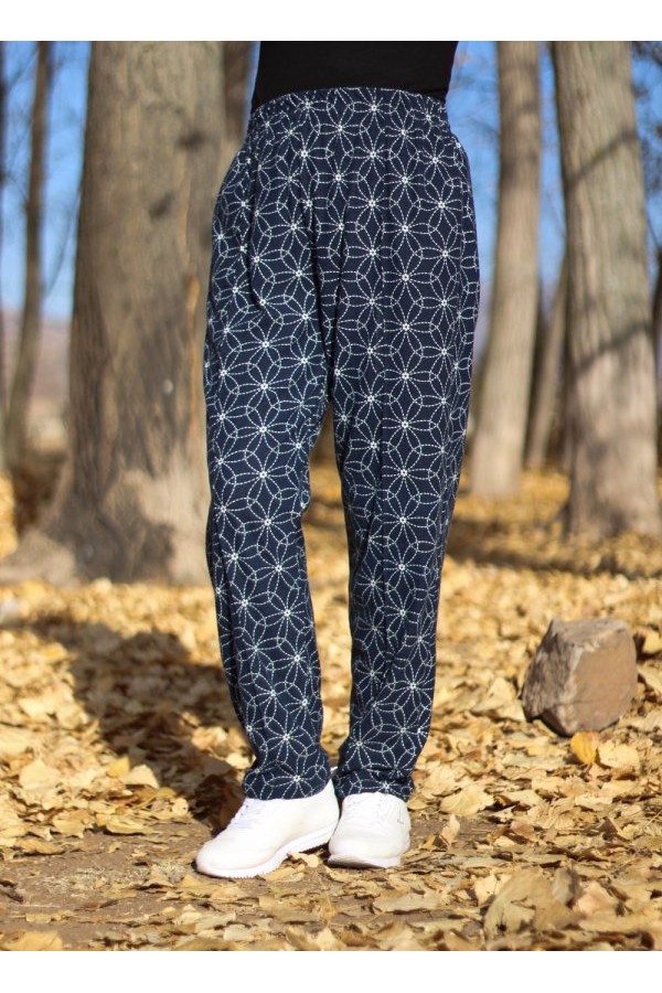 Büyük Beden Desenli Pamuk Süet Cepli Beli Lastikli Pantolon  Lacivert Papatya