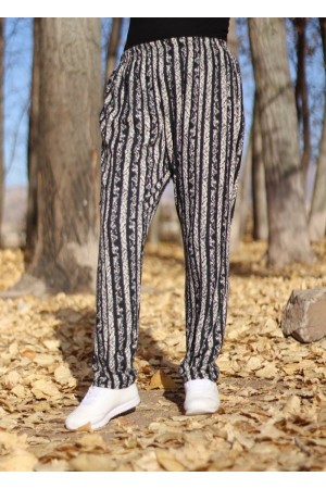 Büyük Beden Desenli Pamuk Süet Cepli Beli Lastikli Pantolon Siyah Dikine Çizgi Büyük Beden Desenli Pamuk Süet Cepli Beli Lastikli Pantolon Siyah Dikine Çizgi