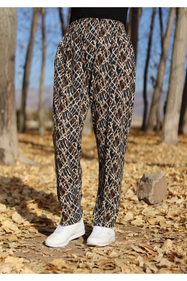 Büyük Beden Desenli Pamuk Süet Cepli Beli Lastikli Pantolon Kahve Çarpı Desen Büyük Beden Desenli Pamuk Süet Cepli Beli Lastikli Pantolon Kahve Çarpı Desen