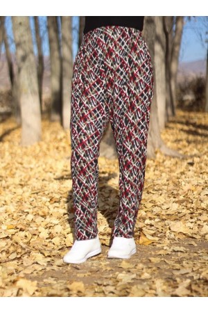 Büyük Beden Desenli Pamuk Süet Cepli Beli Lastikli Pantolon  Bordo Çarpı Desen