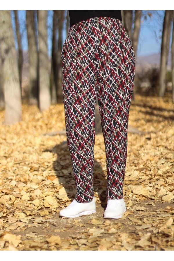 Büyük Beden Desenli Pamuk Süet Cepli Beli Lastikli Pantolon Bordo Çarpı Desen Büyük Beden Desenli Pamuk Süet Cepli Beli Lastikli Pantolon Bordo Çarpı Desen