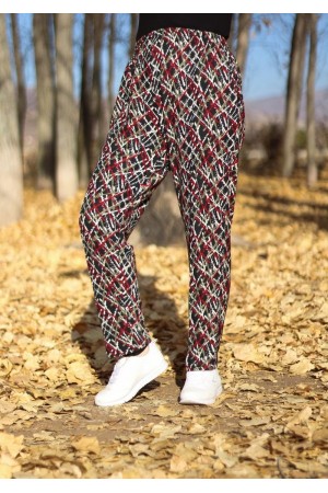Büyük Beden Desenli Pamuk Süet Cepli Beli Lastikli Pantolon Bordo Çarpı Desen Büyük Beden Desenli Pamuk Süet Cepli Beli Lastikli Pantolon Bordo Çarpı Desen