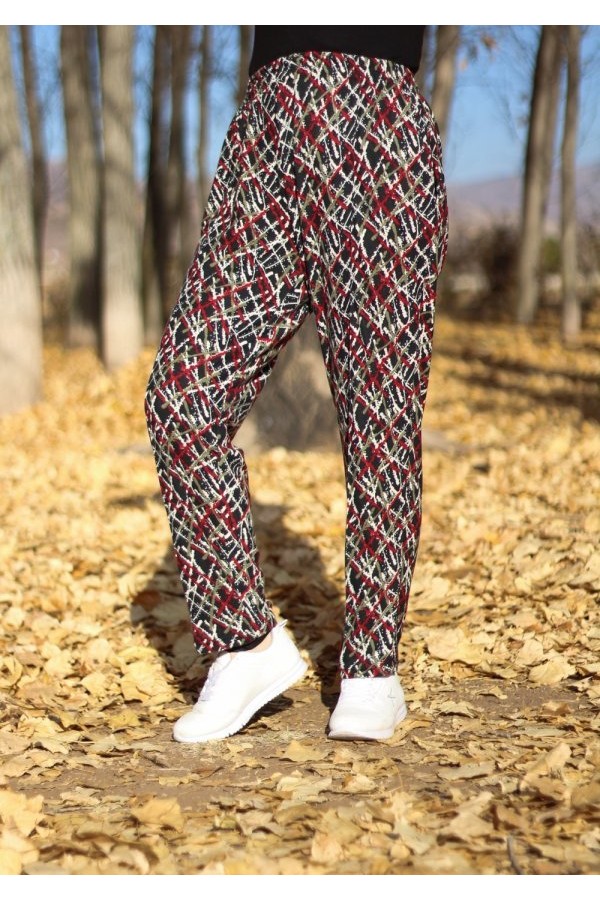 Büyük Beden Desenli Pamuk Süet Cepli Beli Lastikli Pantolon Bordo Çarpı Desen Büyük Beden Desenli Pamuk Süet Cepli Beli Lastikli Pantolon Bordo Çarpı Desen