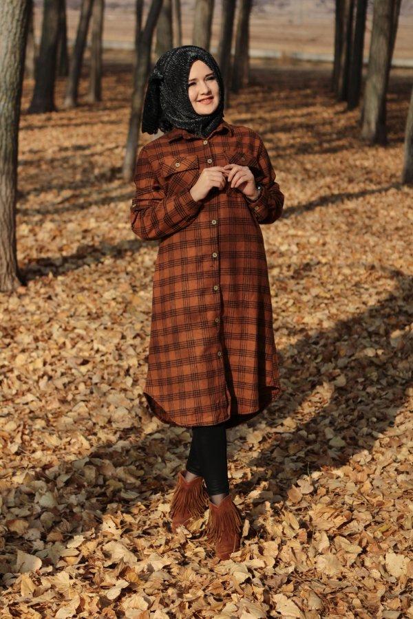 Büyük Beden Kalın Uzun Oduncu Gömlek  Üç Çizgili Taba