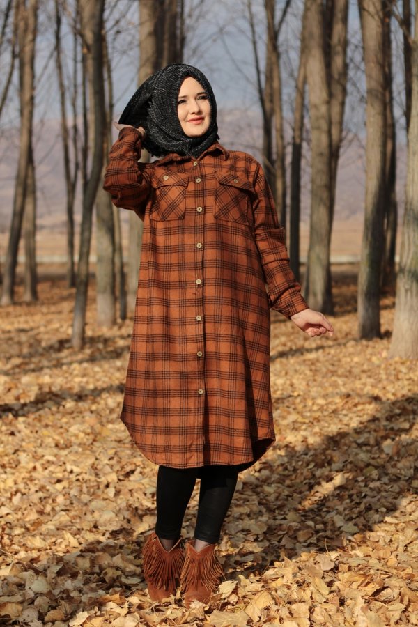 Büyük Beden Kalın Uzun Oduncu Gömlek  Üç Çizgili Taba