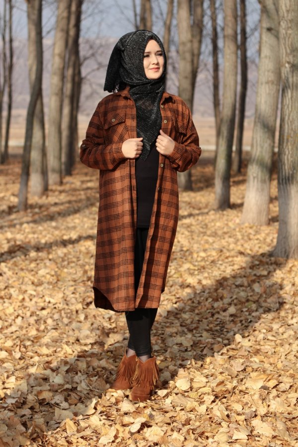 Büyük Beden Kalın Uzun Oduncu Gömlek  Üç Çizgili Taba