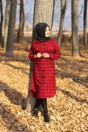 Büyük Beden Kalın Uzun Oduncu Gömlek  Üç Çizgili Kırmızı