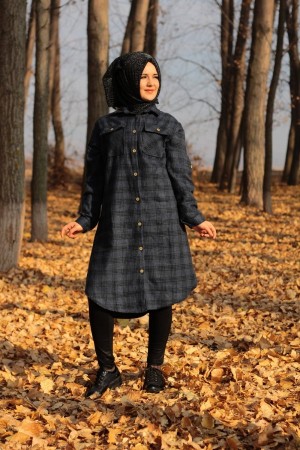 Büyük Beden Kalın Uzun Oduncu Gömlek  Üç Çizgili Petrol Mavi