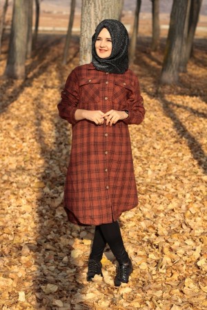 Büyük Beden Kalın Uzun Oduncu Gömlek  Üç Çizgili Kiremit