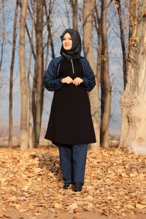 Büyük Beden Kapşonlu Reglan Kollu Şeritli Eşofman Takım  Siyah