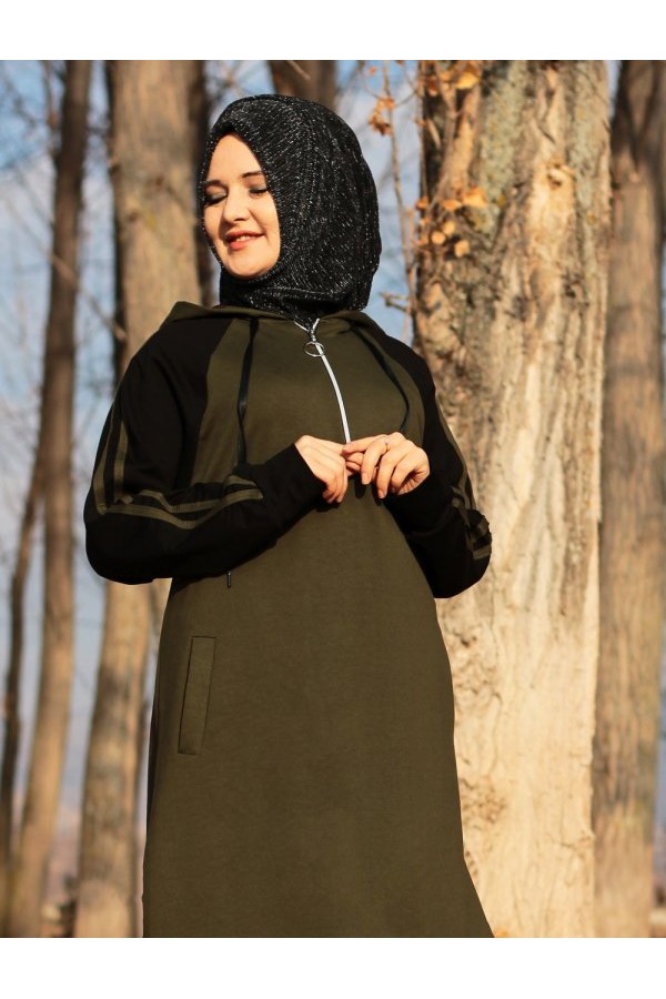 Büyük Beden Kapşonlu Reglan Kollu Şeritli Eşofman Takım  Haki