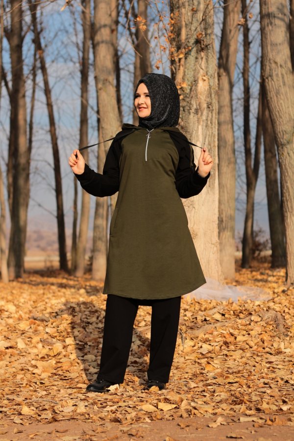 Büyük Beden Kapşonlu Reglan Kollu Şeritli Eşofman Takım  Haki