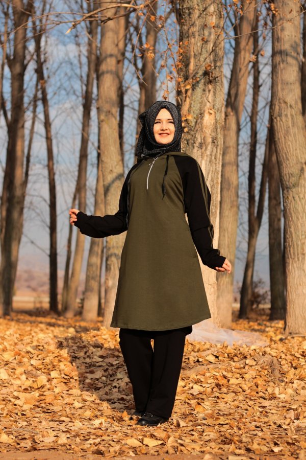 Büyük Beden Kapşonlu Reglan Kollu Şeritli Eşofman Takım  Haki