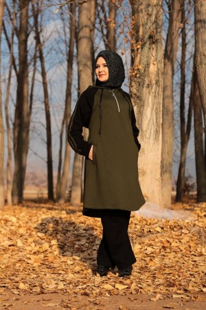 Büyük Beden Kapşonlu Reglan Kollu Şeritli Eşofman Takım  Haki