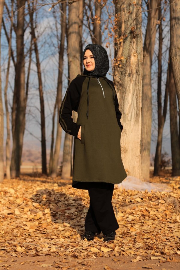 Büyük Beden Kapşonlu Reglan Kollu Şeritli Eşofman Takım  Haki