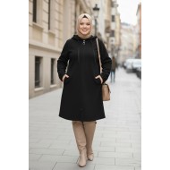 Büyük Beden Kapşonlu Fermuarlı Polar Kap  Siyah