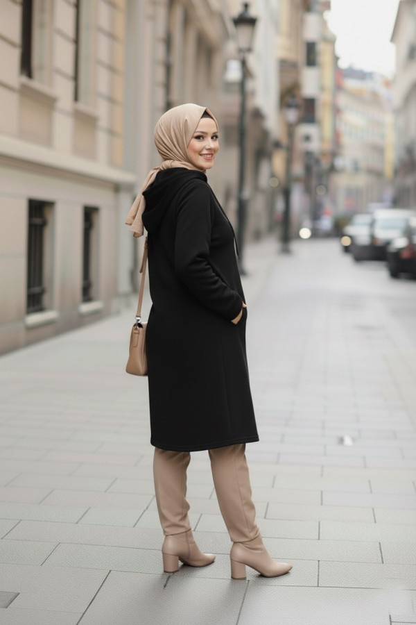 Büyük Beden Kapşonlu Fermuarlı Polar Kap  Siyah