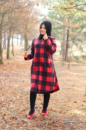 Büyük Beden Kapşonlu Fermuarlı Polar Kap  Kırmızı Ekose