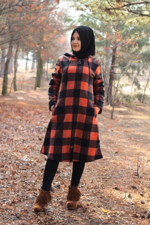 Büyük Beden Kapşonlu Fermuarlı Polar Kap  Kiremit Ekose