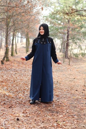 Büyük Beden Kapşonlu Kuş Gözü Detaylı Spor Ferace  Siyah Petrol