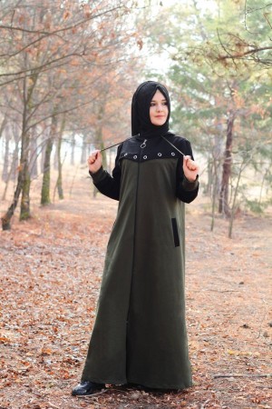 Büyük Beden Kapşonlu Kuş Gözü Detaylı Spor Ferace  Siyah Haki