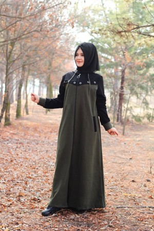 Büyük Beden Kapşonlu Kuş Gözü Detaylı Spor Ferace Siyah Haki Büyük Beden Kapşonlu Kuş Gözü Detaylı Spor Ferace Siyah Haki