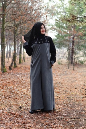 Büyük Beden Kapşonlu Kuş Gözü Detaylı Spor Ferace  Siyah Füme