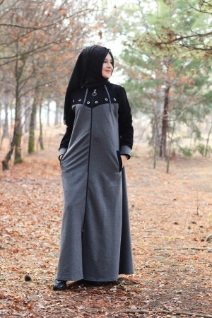 Büyük Beden Kapşonlu Kuş Gözü Detaylı Spor Ferace Siyah Füme Büyük Beden Kapşonlu Kuş Gözü Detaylı Spor Ferace Siyah Füme