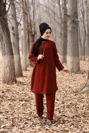 Büyük Beden Kuş Gözü Detaylı İkili Takım  KOLYE HEDİYELİ  Koyu Kiremit