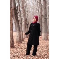 Büyük Beden Kuş Gözü Detaylı İkili Takım  KOLYE HEDİYELİ  Siyah