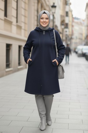 Büyük Beden Kapşonlu Fermuarlı Polar Kap  Lacivert