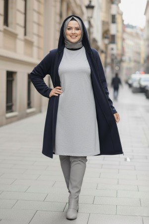 Büyük Beden Kapşonlu Fermuarlı Polar Kap  Lacivert