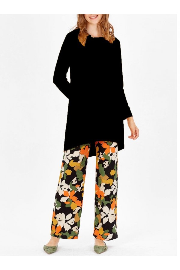 Büyük Beden Desenli İkili Takım Siyah Büyük Beden Desenli İkili Takım Siyah