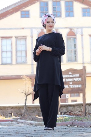 Büyük Beden Asimetrik Kesim İkili Takım  KOLYE HEDİYELİ  Siyah