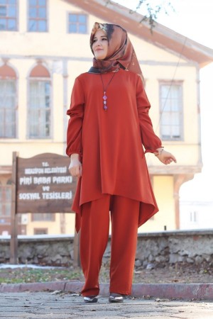 Büyük Beden Asimetrik Kesim İkili Takım  KOLYE HEDİYELİ  Kiremit