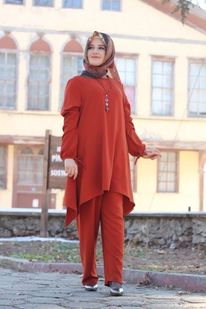 Büyük Beden Asimetrik Kesim İkili Takım  KOLYE HEDİYELİ  Kiremit