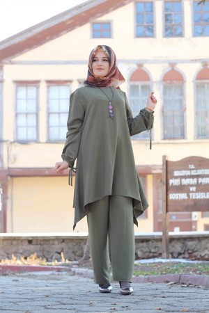 Büyük Beden Asimetrik Kesim İkili Takım  KOLYE HEDİYELİ  Haki