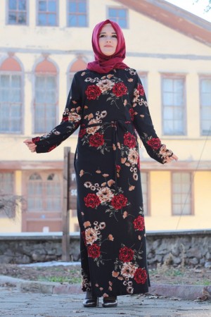 Büyük Beden Baskılı Krep Kumaş Elbise 64 bedene kadar  Kırmızı Leylak