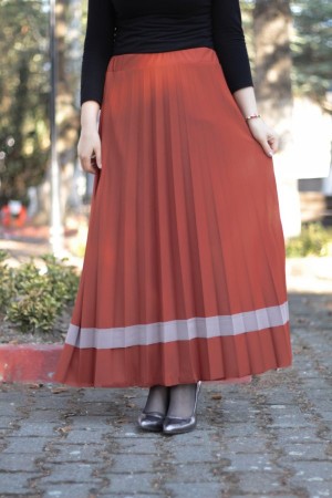 Büyük Beden Şeritli Piliseli Astarlı Etek Kiremit Büyük Beden Şeritli Piliseli Astarlı Etek Kiremit