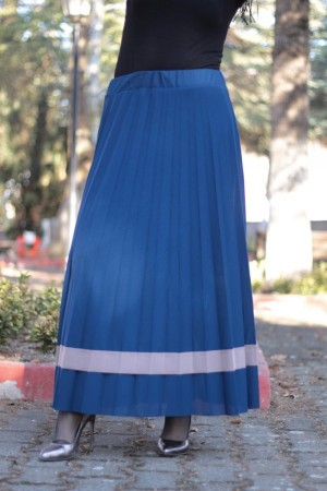 Büyük Beden Şeritli Piliseli Astarlı Etek Petrol Mavi Büyük Beden Şeritli Piliseli Astarlı Etek Petrol Mavi