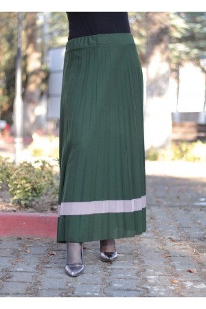 Büyük Beden Şeritli Piliseli Astarlı Etek Haki Büyük Beden Şeritli Piliseli Astarlı Etek Haki